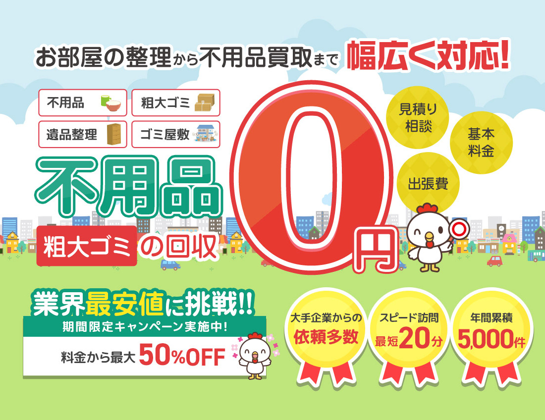 完全定額制のコミコミプラン！余計な追加料金一切不要！ 最安×丁寧 不用品即日回収 見積り・相談・基本料金・出張費0円 50％OFFキャンペーン実施中